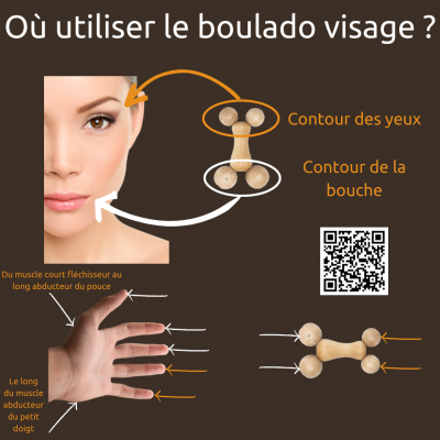 Boulado Objet de massage en bois pyrogravé Boulado visage constitué d'un pièce centrale en forme de cacahuète avec à chaque bout une paire de boules dont les axes convergent à 90°